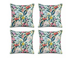 Set van 4 Kussenhoezen 45x45 cm | Sierkussenhoes | Katoen Canvas Kussenhoes | Botanische Bloemen- en Vogelprint | Digitale Print Cushion Covers | Mintgroen Multicolor