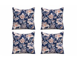 Set van 4 Kussenhoezen 45x45 cm | Sierkussenhoes | Woonkamer & Buiten | Katoen Canvas Cushion Covers | Donkerblauw Bloemenprint Multicolor | Digitale Print Kussenhoes