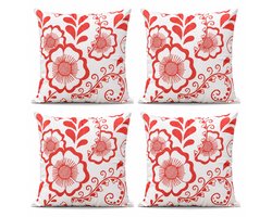 Set van 4 Kussenhoezen 45x45 cm | Sierkussenhoes | Woonkamer & Buiten | Katoen Canvas Cushion Covers | Rood-Wit Bloemenprint | Digitale Print Kussenhoes