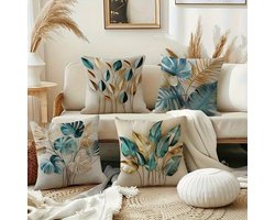 Set van 4 kussenhoezen met tropische plantenbladeren, groenblauw en goudkleurig kleurenschema, vierkante bankkussenhoezen met rits,45x45 cm