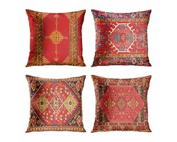 Set van 4 Kussenovertrekken - 45x45cm Geometrisch Perzisch Design, Kleurrijk Rood Tribaal Decor voor Thuis of Buitengebruik