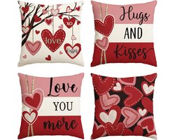 Set Van 4 Kussensloop 45 X 45 Cm Met Valentijnsdag Hugs Kisses Print en Hart Strepen, Bankhoes voor Bruiloft en Romantische Decoratie
