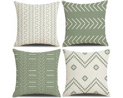 Set van 4 kussenslopen 45x45 cm, lichtgroen geometrisch patroon, Scandinavisch minimalistisch design, vierkante decoratieve kussensloop voor bank, huis, woonkamer en slaapkamer.