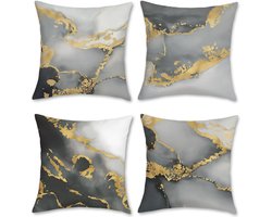 Set van 4 kussenslopen, grijs, marmer, 40 x 40 cm, dubbelzijdig, zwart-goud, abstract, kunst, modern, fluweel, zacht, decoratieve kussenovertrekken voor bank, woonkamer, woondecoratie