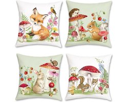 Set van 4 kussenslopen, lente, bosdieren, 45 x 45 cm, vos, konijn, eekhoorntje, paddenstoel, decoratieve kussenovertrekken voor bank, tuin, kinderen, baby, kinderkamer, decoratie