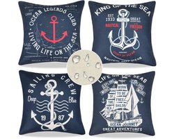 Set van 4 kussenslopen, outdoor, waterdicht, zomer, decoratieve kussenhoezen, maritiem, nautisch anker, marineblauw linnen, decoratieve sierkussenhoezen voor bank, woonkamer, woondecoratie,