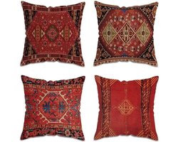 Set van 4 Levendige Orintaalse Ikat Kussenhoezen - Kleurrijke Geometrische & Stamborduurpatronen - Decoratieve Kussenhoes voor Woonkamerbank - 45x45 cm Linnen Kussenhoes