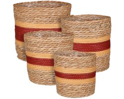 Set van 4 Luxe Zeegras Manden – Handgeweven – Naturel, Zalm & Bordeaux