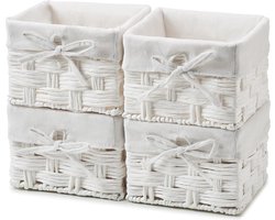 Set van 4 mandopslagcontainers, gevlochten papieren touw, vierkant, handgeweven organizer, opbergmand met inzetstuk voor babykamer, kinderspeelgoed, thuis, 18 x 18 x 14 cm, wit