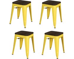 SET VAN 4 MAT GEEL METALEN KRUK MET HOUTEN ZITTING 39X39XH46CM