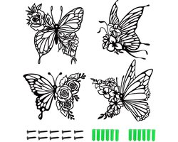Set van 4 Metalen Wanddecoraties voor Binnen en Buiten met 3D Vlinder en Bloemen Motief