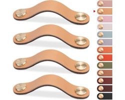 Set van 4 meubelgrepen van echt leer, geschikt voor kastdeuren, lades en andere meubels in vintage stijl, zoals kasten, kaptafels, keukens en badkamers (beige, 128 mm).
