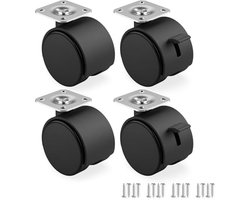 Set van 4 Meubelwielen 50 mm met Rem - Zwenkwielen 360 Graden - Transportwielen tot 120 kg Belasting - Montageplaat 60 mm - Geschikt voor Meubels op Diverse Vloeren