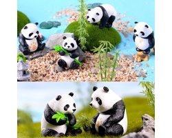 Set van 4 Miniatuur Panda Beelden voor Decoratie, Schattige Dieren Sculpturen voor Aquarium, Tuin en Bureau Decoratie