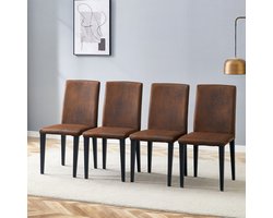 [Set van 4 minimalistische eetkamerstoelen] Europese stijl met bruine geweven stof: Donkerbruine technische stof + zwarte metalen poten. Past perfect in moderne eetkamers, woonkamers en meer.