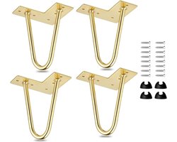 Set van 4 moderne metalen meubelpoten met haarspeld, inclusief vloerbeschermers en schroeven - 10 cm, goudkleurig
