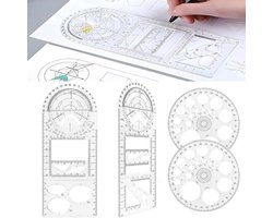 Set van 4 multifunctionele geometrische linialen, 2 driehoekige meter, 2 x 360 graden ronde sjablonen, geometrische tekensjabloon, meetinstrument