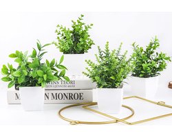 Set van 4 nep-plantjes, mini kunstmatige groenplantjes in pot voor huisdecoratie, binnen, kantoor, tafel, kamer, landelijke stijl.