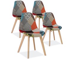 Set van 4 Nordic Eetkamerstoelen – Beuken Houten Poten – Patchwork Stoffering – Comfortabele Stoelen voor Keuken, Eetkamer & Woonkamer - Multicolor