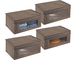 Set van 4 opbergdozen, grote opbergbox met deksel en kijkvenster van Kunststof, rechthoekige doos voor het opbergen van kleding in de slaapkamer, espressobruin
