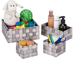 Set van 4 opbergmandjes in houtlook - Gevlochten kunststof manden voor badkamer, woonkamer en kledingkast