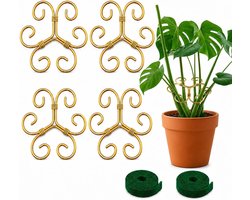 Set van 4 Plant Steunen met 2 Groene Nylon Touwen en Gouden Metalen Plant Houder voor Monstera, Hydrangea, Bloemen en Binnenplanten - Stabiliteit en Ondersteuning voor Tuin en Kweekomgeving