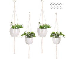 Set van 4 plantenhangers voor kamerplanten (niet inbegrepen boho decoratief katoenen touw hangmand bloemenpot plantenhouder hanger met 4 metalen haken voor binnen)