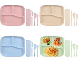 Set van 4 platte borden, gedeelde borden met onderverdeling, 3 vakken, herbruikbaar, campingborden, diepe dieetborden voor volwassenen en kinderen, lichte borden (25 x 22,5 x 3 cm)