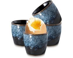 Set van 4 Porseleinen Eierhouders in Vintage Blauw Design met Kleurverloop voor Gekookte Eieren, Geschikt voor Ontbijt, Brunch en Avondeten, Vaatwasserbestendig