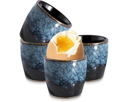Set van 4 Porseleinen Eierhouders in Vintage Blauw Design voor Gekookte Eieren, Geschikt voor Ontbijt en Brunch, Vaatwasserbestendig