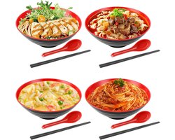 Set van 4 Ramen Kommen - Ramen Set met Lepel en Stokjes - 1000 ml voor Buldak Ramen, Udon Noodles, Chinese Noodles, Nissin Ramen - Rood