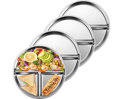 Set van 4 roestvrijstalen kinderborden - Portiecontrole bord voor volwassenen - Verdeeld bord - Dinerbord - Servies - onbreekbare dinerborden - Gezonde keuze - voor volwassenen, kinderen, camping - 20CM