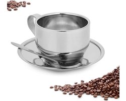 Set van 4 Roestvrijstalen Koffiemokken 4oz - Dubbelwandig Koffiekopje met Schotel en Lepel - Cappuccino, Espresso, Latte, Thee.