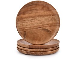 Set van 4 ronde acaciahouten serveerborden, 17,78 cm, gemakkelijk te reinigen en licht voor servies, snacks, desserts, klassieke borden, kerstcadeau