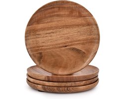 Set van 4 ronde acaciahouten serveerborden, 17,78 cm, licht en gemakkelijk te reinigen, voor snacks en desserts