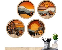 Set van 4 Ronde Houten Wanddecoratie Geometrisch Rustiek Boho Stijl
