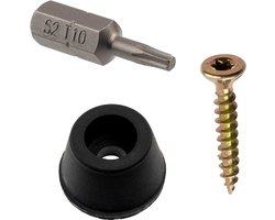- Set van 4 ronde meubelglijders Ø11.5x7 mm van zwart rubber + 4 houtschroeven Ø3x20 mm + 1 Torx 1/4 T10 schroefbit voor installatie onder ladekast, bank, salontafel