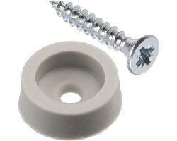 - Set van 4 ronde meubelglijders Ø14x5 mm van lichtgrijs rubber + 4 verzonken houtschroeven Ø3x18 mm voor bevestiging onder meubels zoals ladekasten banken fauteuils