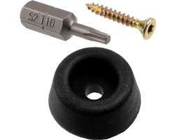 - Set van 4 ronde meubelglijders Ø16x7 mm van zwart rubber + 4 houtschroeven Ø3x20 mm + 1 Torx 1/4 T10 schroefbit voor installatie onder planken ladekasten banken salontafels