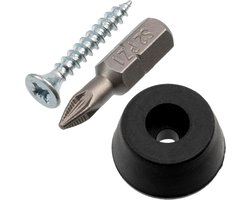 - Set van 4 ronde meubelglijders Ø16x8 mm van zwart rubber + 4 houtschroeven Ø3x20 mm + 1 schroefbit 1/4 PZ1 voor bevestiging onder meubels planken ladekasten banken fauteuils