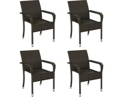 Set van 4 rotan stoelen, stapelbaar, tuinstoelen, stapelstoelen met armleuningen en rugleuning, rotan stoel, balkonstoel met verstelbare poten, voor tuin, balkon, terras, bruin