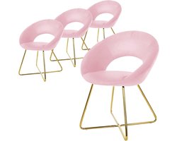 Set van 4 roze fluwelen eetkamerstoelen met gouden metalen poten