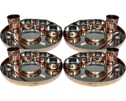 Set van 4 RVS Koperservies Thali Borden met Kommen, Glas en Lepel (13 Inch)