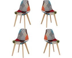 Set van 4 Scandinavische designstoelen met patchworkstof en poten van massief beukenhout - comfortabele eetkamer- en keukenstoelen