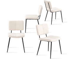 Set van 4 Scandinavische eetkamerstoelen met gewatteerde bouclé rugleuningen en metalen poten voor keuken, woonkamer, slaapkamer en kantoor, beige