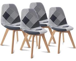 Set van 4 Scandinavische SARA stoelen met patchwork-patroon, zwart, grijs en wit