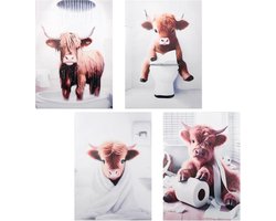 Set van 4 Schots Hooglander Wanddecoraties, Ennoxwi Grappige Badkamer Posters en Canvas Drukken, Rustieke Koe Decoratie voor Toilet en Woonkamer, Ongelijste Dierenposters in Boerderij Stijl, 20x25 cm