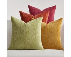 Set van 4 Sierkussenhoezen - Chenille in Rotan Look - Voor Bank Woonkamer Slaapkamer Balkon - Geel Oranje 50x50 cm