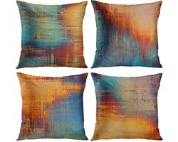 Set van 4 sierkussenhoezen Vintage Abstract Blauw en Oranje Rommelig Roest Schilderij Decoratieve kussenslopen Woondecoratie Standaard Vierkant 18x18 Inch Kussenslopen