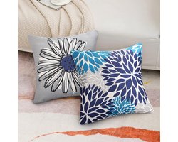 Set van 4 sierkussenslopen, 45 x 45 cm, moderne madeliefjes, kussensloop, marineblauw, grijs,bloemenpatroon, linnen kussenslopen, sierkussenhoezen voor thuis, bench, outdoor hoofdkussenslopen